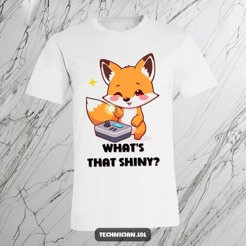 Funny t-shirt of a playful fox excitedly pointing at a flashing light on a console, a curious tech enthusiast.