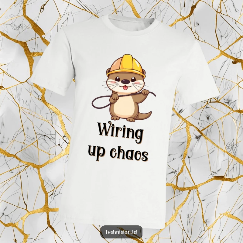 Funny t-shirt featuring a playful otter wearing a hard hat and holding a wire, a humorous construction apparel item, a funny gift.
