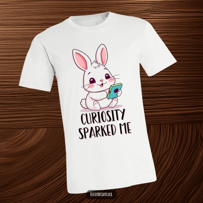 Funny t-shirt of a cheery rabbit with a curious face, examining a colorful gadget with intrigue and delight.