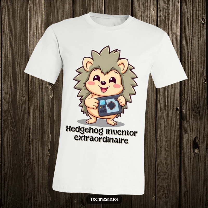 Funny t-shirt of a happy hedgehog holding a repaired gadget, beaming with a triumphant smile after a successful fix.