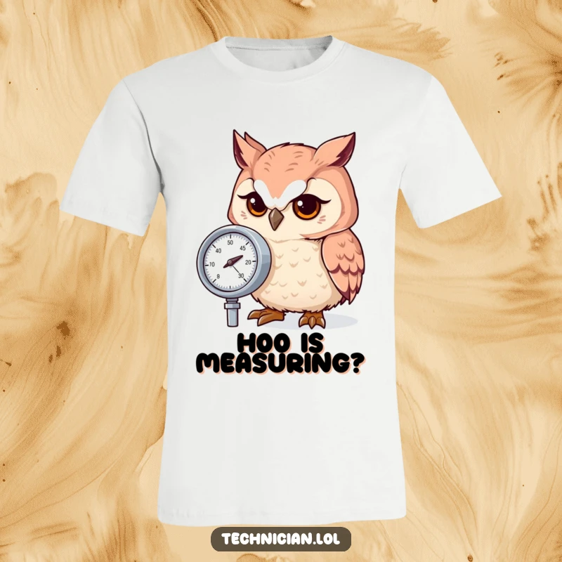 Funny owl intensely focused on reading a pressure gauge, printed on a comfortable t-shirt, conveying precision.