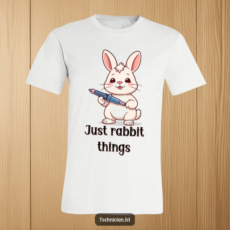 Funny Rabbit Fixer T-Shirt displaying a content rabbit looking satisfied while holding a screwdriver, proud of its completed task.