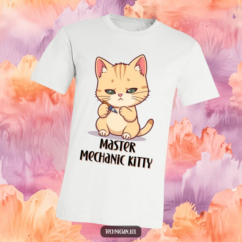 Funny t-shirt, determined cat using a tiny screwdriver with precision, skilled hands, cat lover gift.