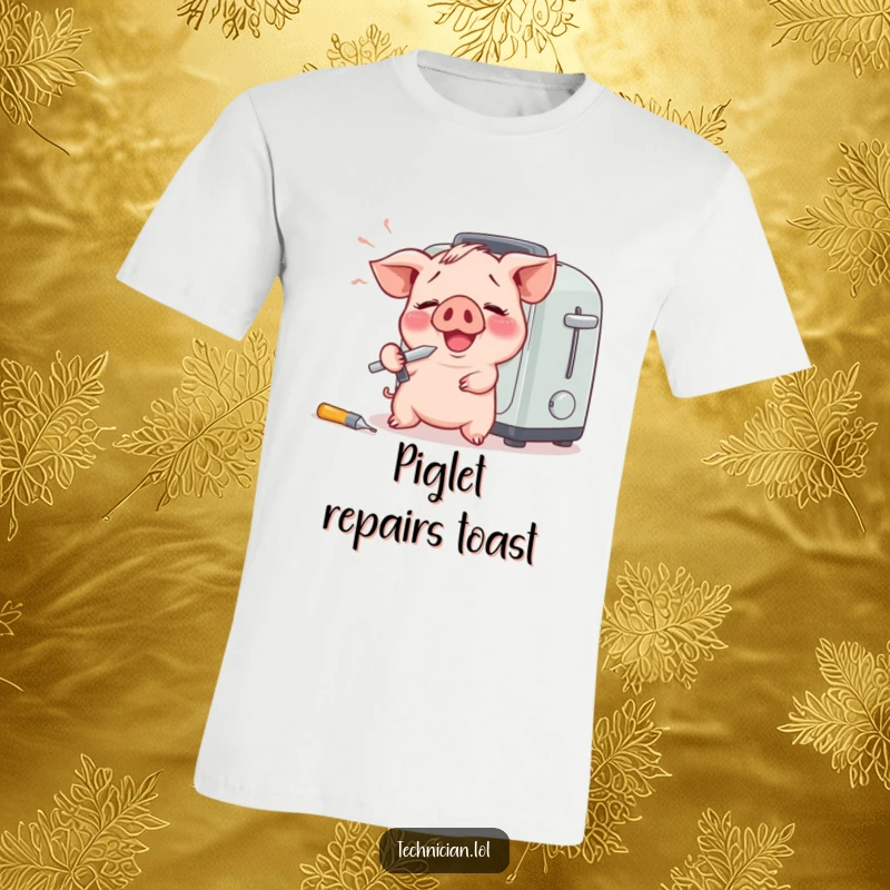 Funny t-shirt featuring a giggling piglet with a screwdriver, comically trying to fix a toaster, perfect for humor lovers.