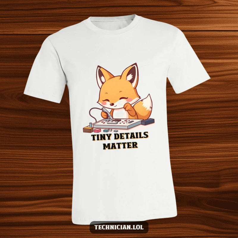 Funny Fox Electronics T-Shirt: An energetic fox intently uses tweezers to assemble small electronic parts, highlighting precision and fun.