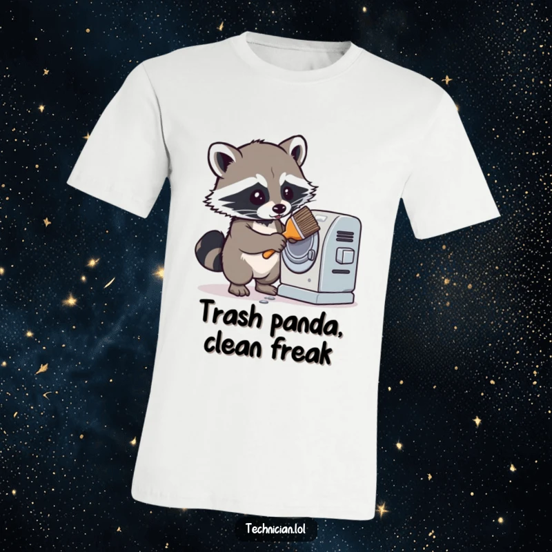 Funny t-shirt depicting a determined raccoon cleaning a dusty machine with a brush, highlighting its industrious nature and love for tidiness.