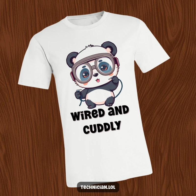 Funny t-shirt, playful panda with large goggles, soldering wires intently, electronics hobbyist humor.