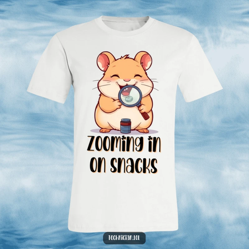 Funny t-shirt with a giggling hamster holding a magnifying glass over a tiny component, highlighting focus and amusement.