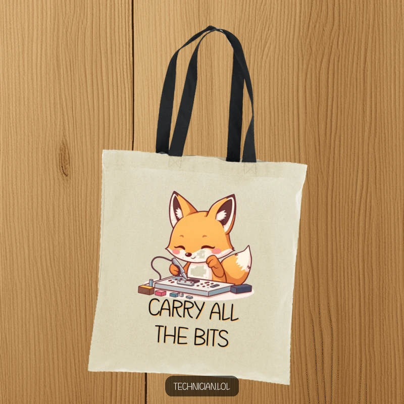 Funny Fox Tech Tote Bag: An energetic fox uses tweezers on tiny components, embodying careful handling and organized storage.
