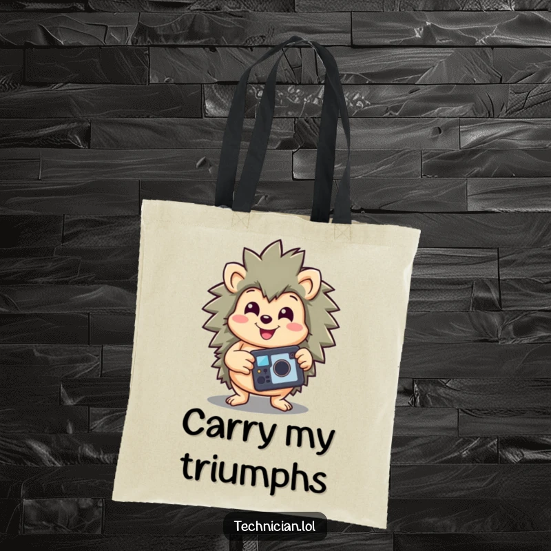 Funny tote bag featuring a happy hedgehog holding a repaired gadget, smiling victoriously; a cheerful and practical accessory.
