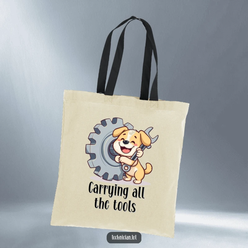 Funny dog tote bag, a happy dog with a wrench poses next to a large gear, ready for repairs.