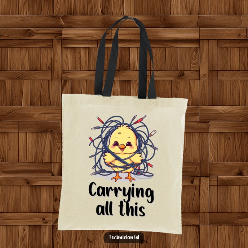Funny Tote Bags: A playful chick comically tangled in cables makes this bag a fun and practical accessory for anyone navigating tech life.