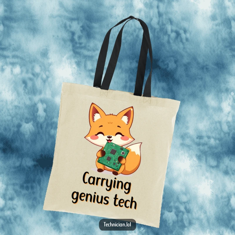 Funny tote bag, cheerful fox holding a shiny repaired circuit board, tech repair accessory, reusable funny bag.