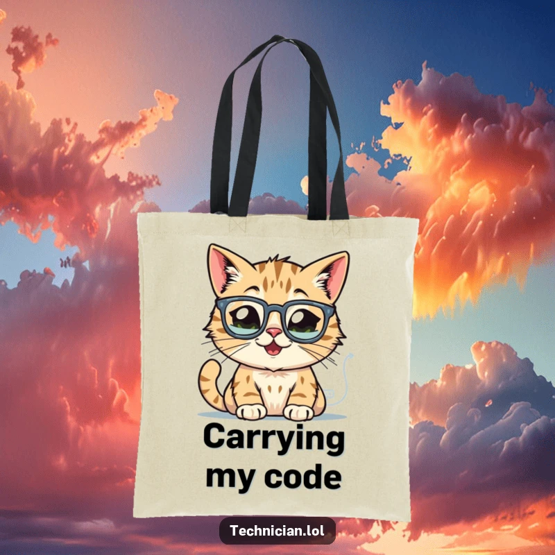 Funny cat tote bag, wearing glasses, examining glowing computer schematics, perfect for carrying tech gear.