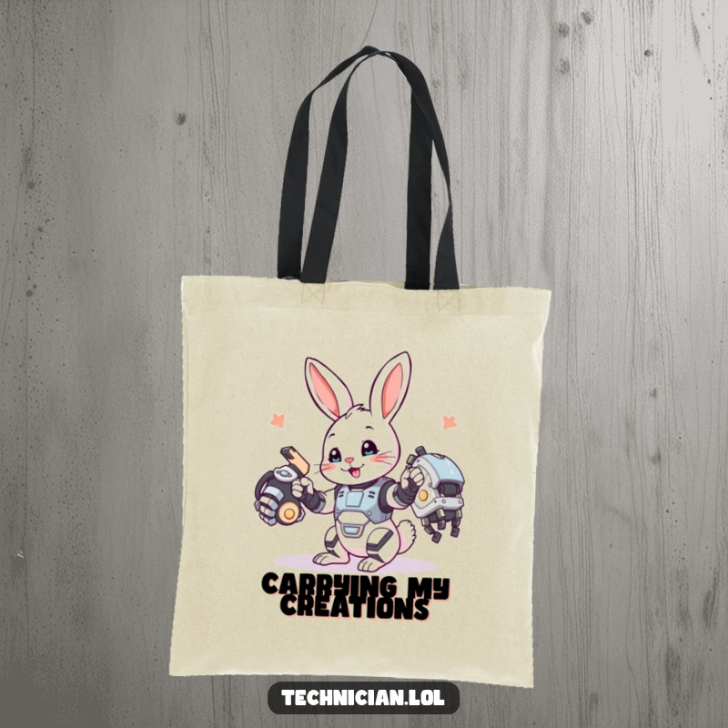 Funny bunny tote bag, a playful bunny assembling a robotic arm, ready for project transport.