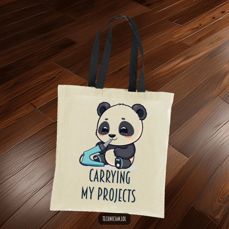 Funny tote bag featuring an enthusiastic panda using a soldering iron with great focus, an ideal accessory for makers.