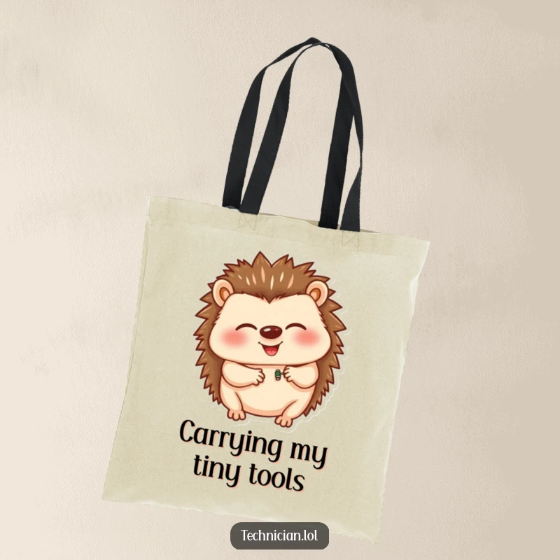 Funny tote bag showcasing a giggling hedgehog diligently inserting a tiny component, highlighting its playful and precise nature for on-the-go fun.