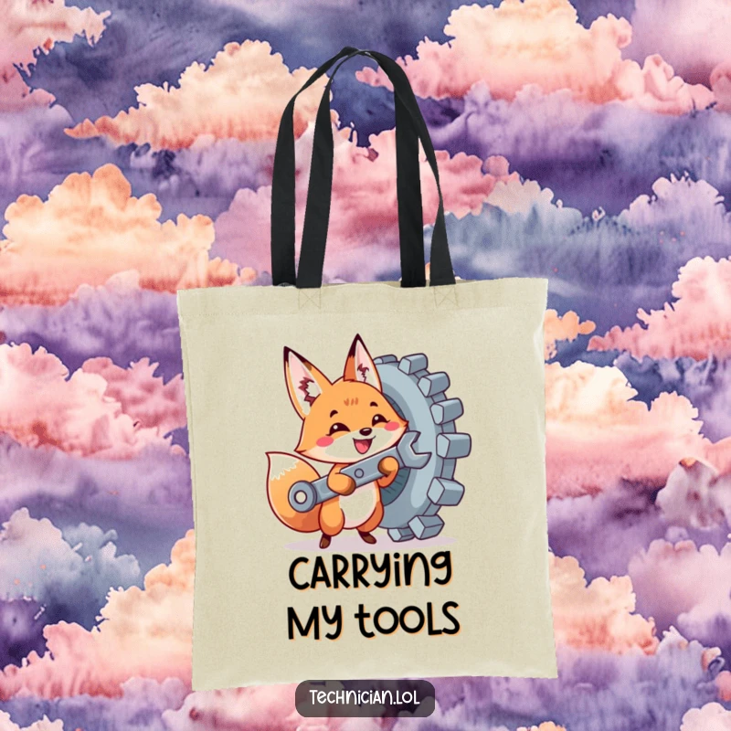 Funny tote bag with a cute fox holding a wrench, tightening a giant bolt, a humorous and practical DIY accessory.