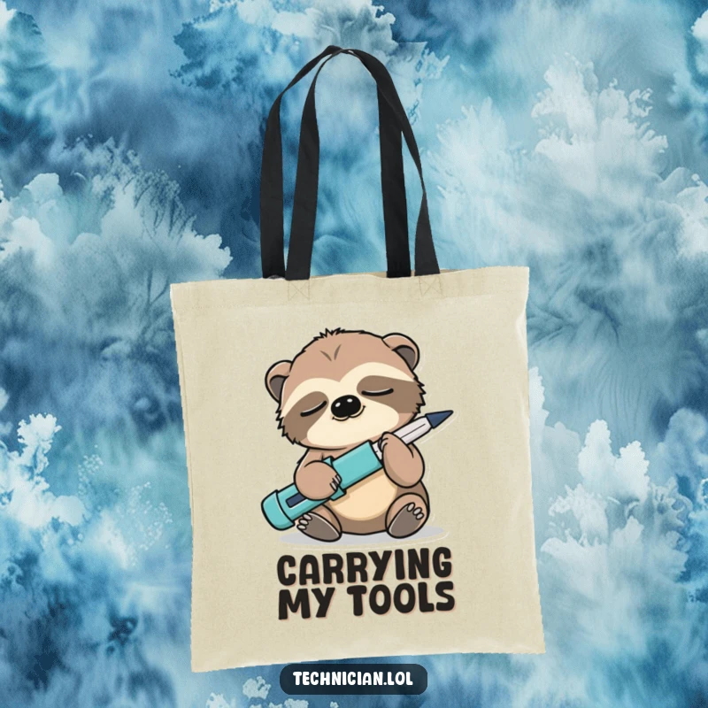 Funny Sloth Tote Bag: A sleepy sloth holds a screwdriver backwards, symbolizing a humorous approach to tasks and everyday life.