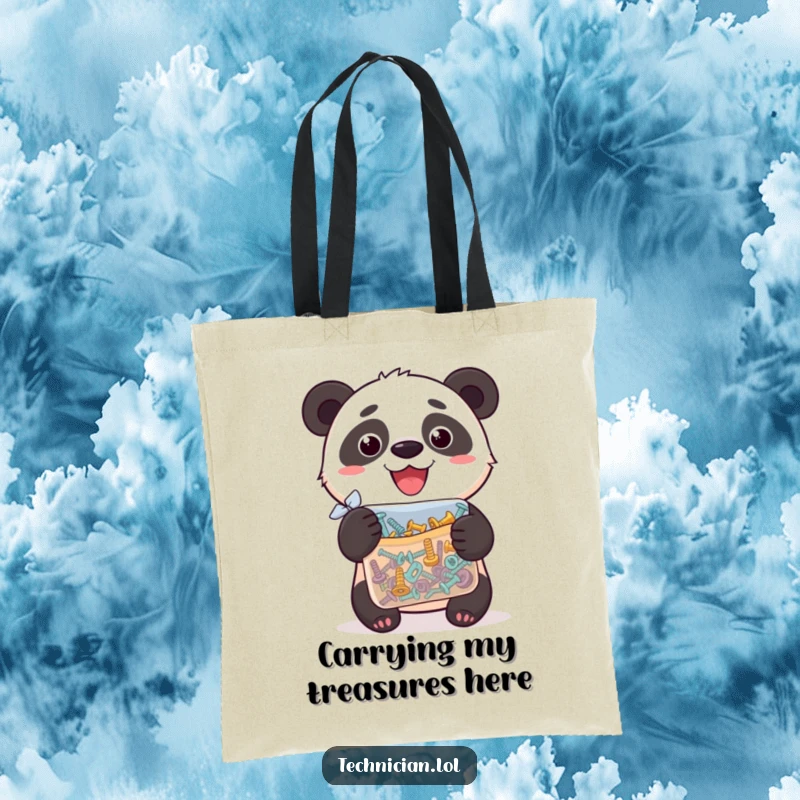 Funny tote bag with a proud panda holding a bag brimming with assorted screws, perfect for carrying daily items.