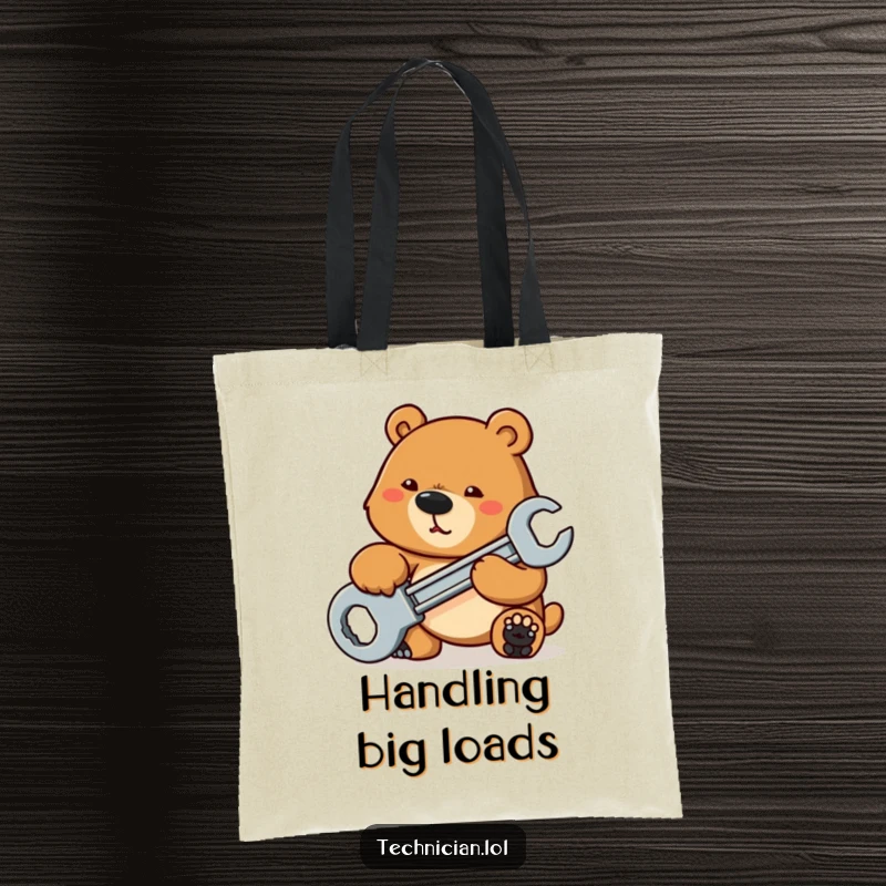 Funny Tote Bags: A determined bear tightens a bolt with a large wrench, making this bag a fun and practical accessory for DIY enthusiasts.