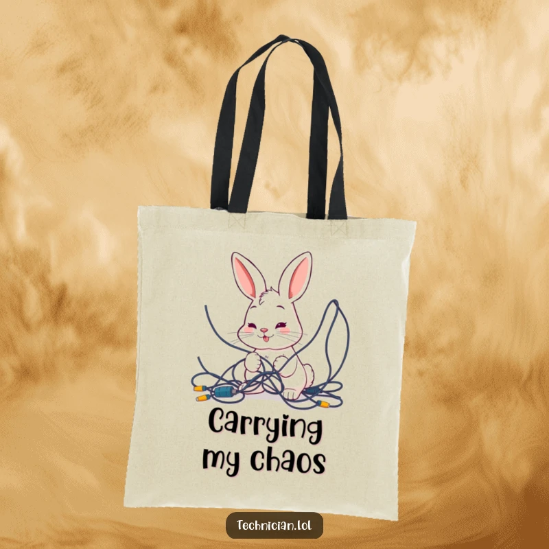 Funny tote bag with a smiling bunny examining a tangled mess of wires, perfect for carrying your gadgets and a sense of tech humor.