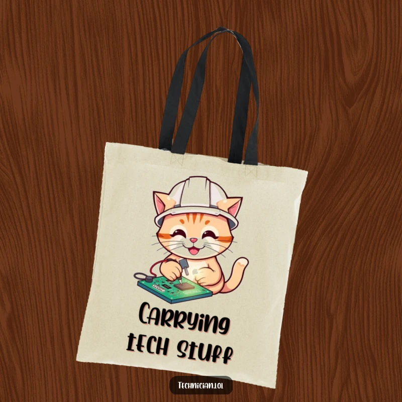 Funny tote bag showing a cat in a hard hat soldering a glowing circuit board, a humorous tech accessory.