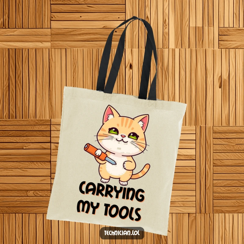 Funny tote bag depicting a smiling, determined cat holding a screwdriver, a humorous and practical accessory, a funny gift.