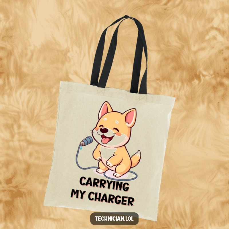 Funny dog tote bag depicting an excited dog mid-air, enthusiastically plugging a power cable into a device, full of joy.