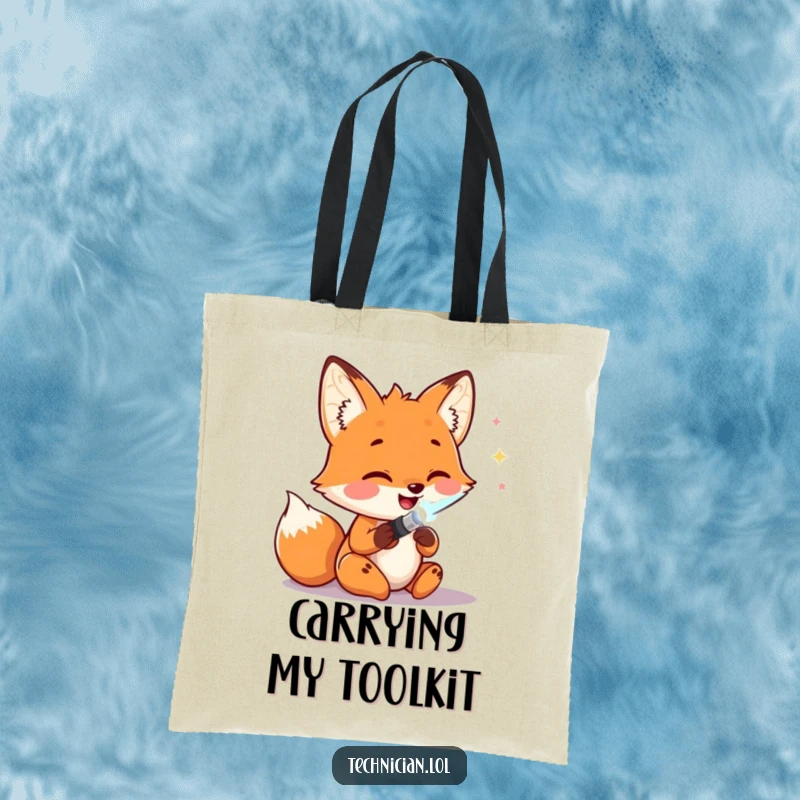 Funny Tote Bags: A happy fox solders wires with a bright, glowing tool, making this bag a fun and practical accessory for tech lovers.