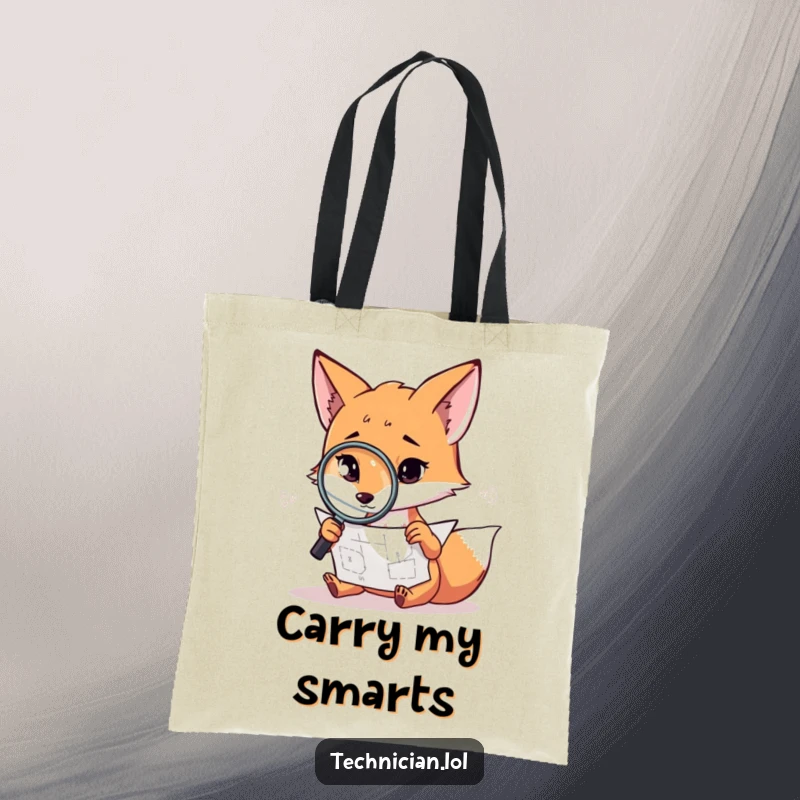 Funny fox tote bag, a clever fox uses a magnifying glass to inspect a complex diagram, ready for discovery.