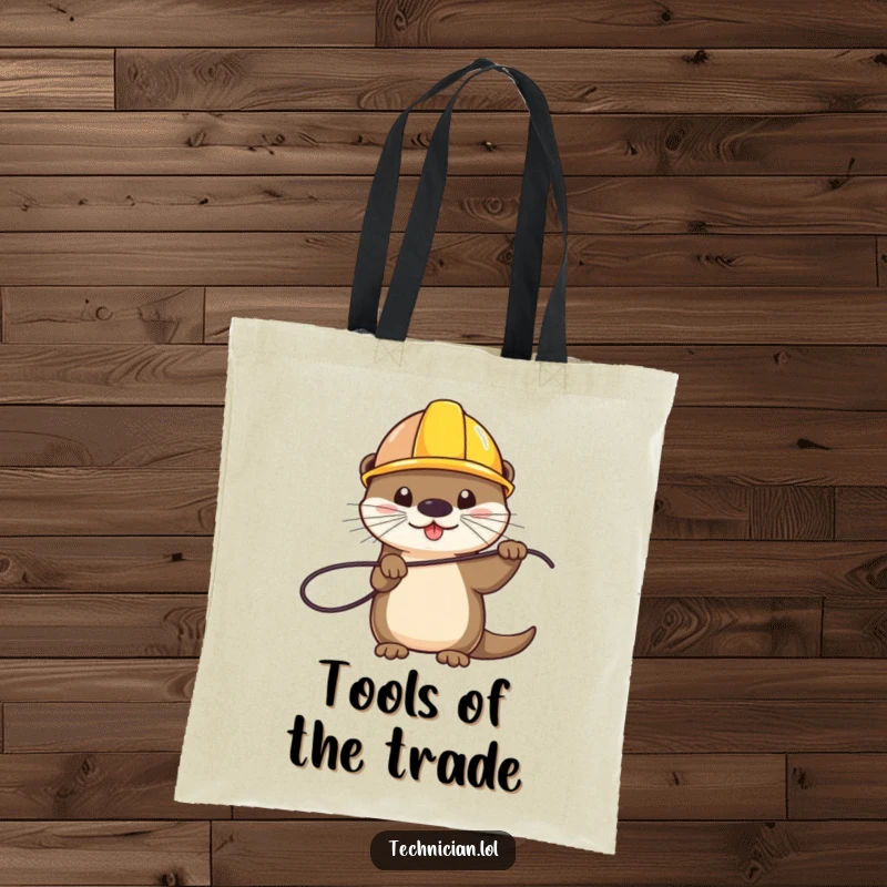 Funny tote bag depicting a playful otter wearing a hard hat and holding a wire, a humorous and practical accessory, a funny gift.