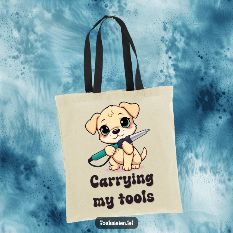 Funny puppy holding a soldering iron, determined expression, DIY theme, stylish tote bag, perfect for a funny gift.
