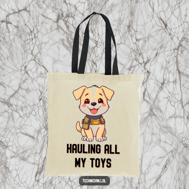 Funny tote bag featuring a joyful puppy wearing a tool belt, looking eager to help, ideal for carrying essentials with a touch of humor.
