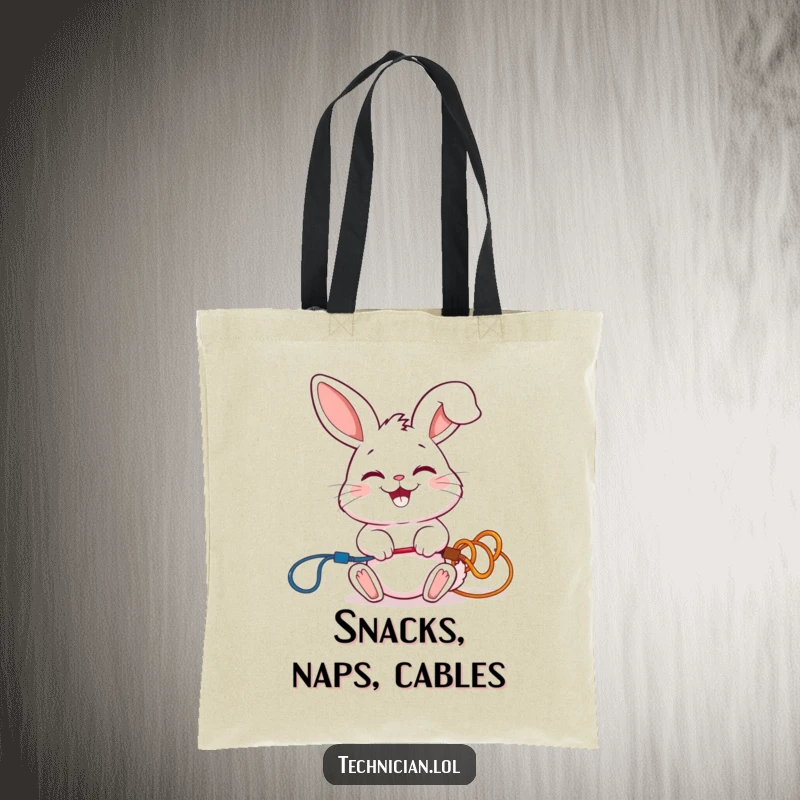 Funny tote bag with a giggling rabbit connecting colorful wires with a smile, a cute and practical accessory.