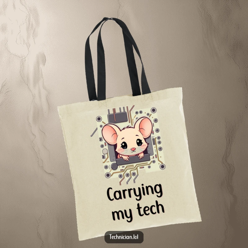 Funny shy mouse peeking from a circuit board, its expression full of awe, on a practical tote bag.
