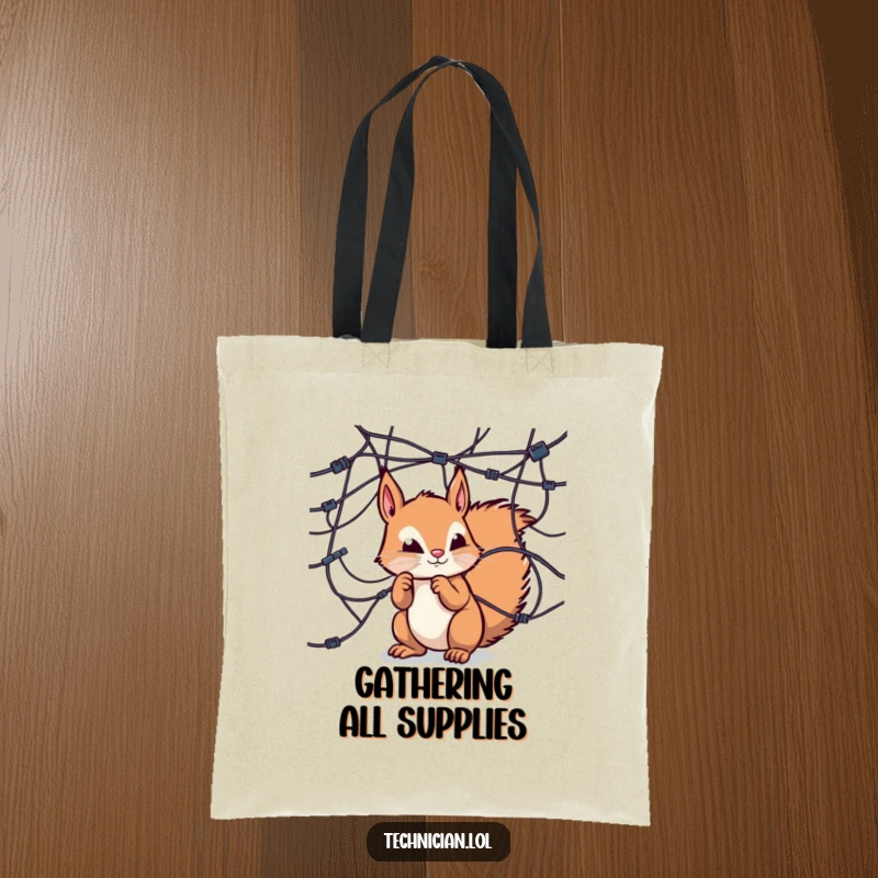 Funny tote bag, curious squirrel examining complex wire network, tech accessory, nature humor.