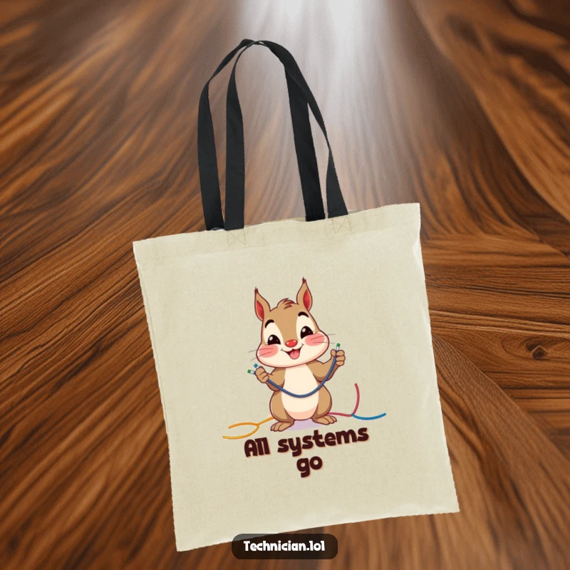 Funny cheerful squirrel smiling while connecting colorful wires, on a tote bag, great for a funny gift.