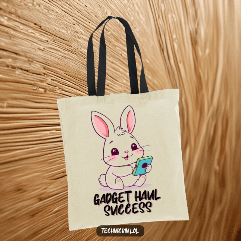 Funny tote bag featuring a cheery rabbit with a curious face, testing a colorful gadget; a cheerful and practical accessory.