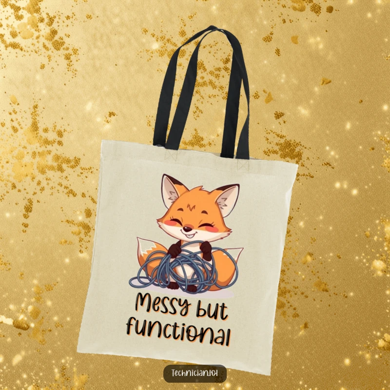 Funny determined fox grinning while fixing tangled wires, on a tote bag, great for a funny gift.