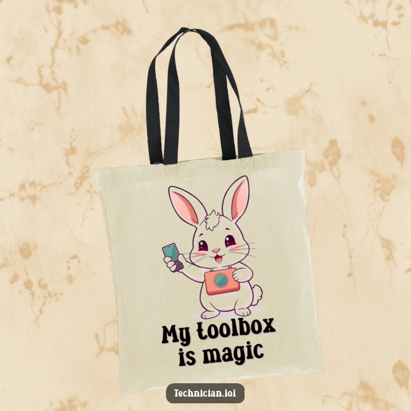 Funny tote bag featuring a proud rabbit holding a repaired gadget, perfect for carrying tools and showing off fixing prowess.