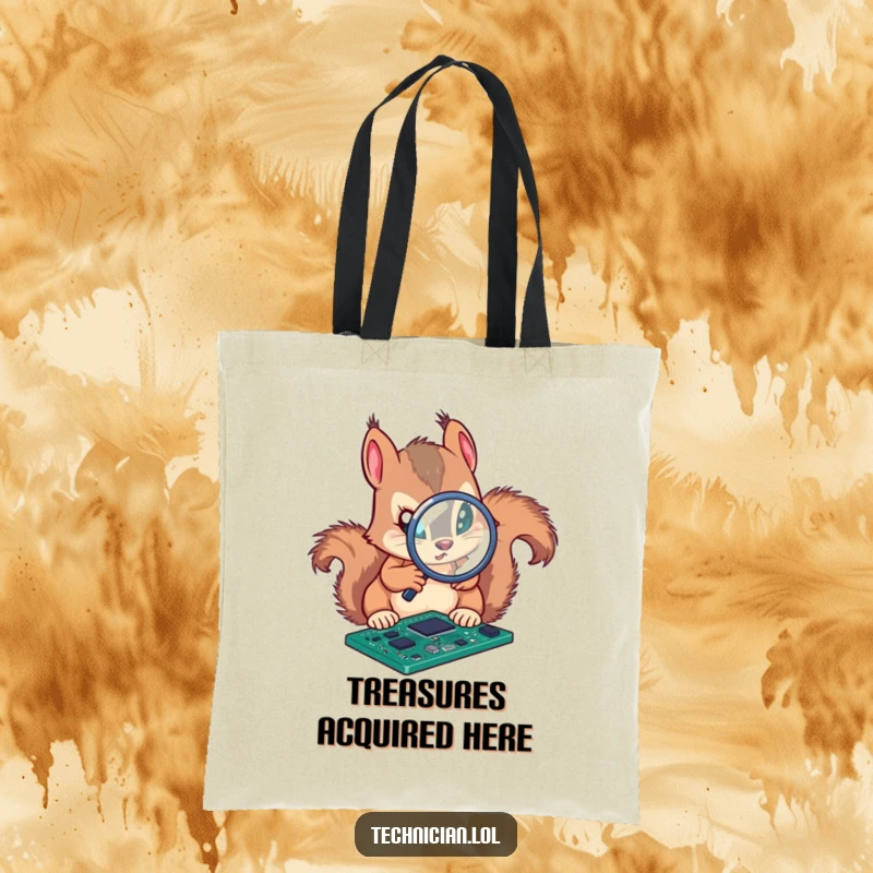 Funny tote bag with a determined squirrel analyzing a circuit board with a magnifying glass, a smart accessory.